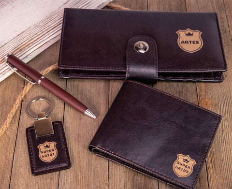 Personalized Wallet Couple Set + Keychain and Pen